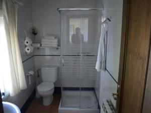 a bathroom with a toilet and a glass shower at Apartamentos Arroyo Parrilla in La Iruela +37 photos