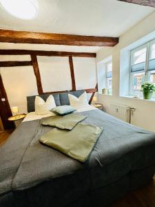 a large bed with two pillows on top of it at Studio Reichenstrasse in Quedlinburg