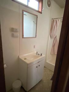 een witte badkamer met een wastafel en een spiegel bij Mansfield Lakeside Caravan Park in Mansfield +33 foto's