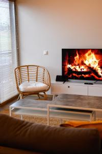 a living room with a fireplace and a chair at Namo nuoma Svencelėje in Svenele