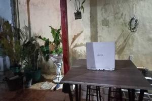 eine Kiste auf einem Tisch in einem Zimmer mit Pflanzen in der Unterkunft OYO 93395 Pondok Wisata Sekar Kemuning in Yogyakarta