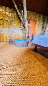 dos bancos en una habitación con un árbol y una puerta en Meraki Tribe Heritage, en Munnar