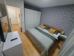 ein Schlafzimmer mit einem großen Bett und einem TV in der Unterkunft Unicorn Apartment in Nüziders