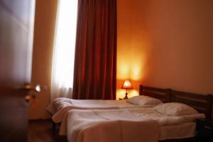 a bed in a bedroom with a window and a lamp at Hotel Starry Night in Stepantsminda