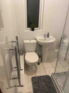 een badkamer met een toilet en een wastafel bij Cedar Lodge in Walton on the Hill