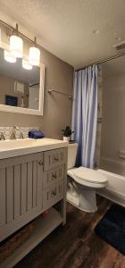 a bathroom with a sink and a toilet and a mirror at Pelican Bay-galveston's Hideaway in Galveston