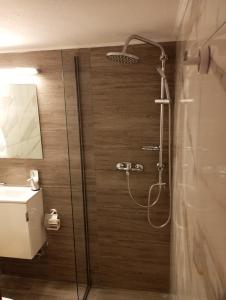 a bathroom with a shower and a sink at Nikou Nikolaou Apartment in Serres