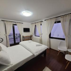 a bedroom with a bed and two windows at La Rocca in Fundata