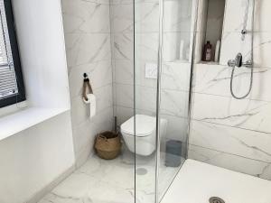 La salle de bains blanche est pourvue d'une douche et de toilettes. dans l'établissement La Luchonnaise-Maison hypercentre, à Luchon