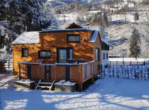 LatzendorfTiny House Waldschmied 1的雪地小木屋,带门廊