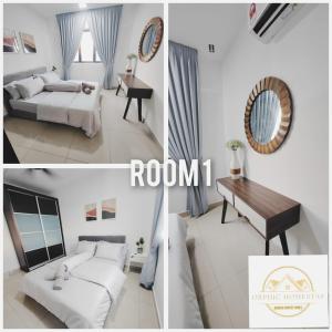 a collage of a bedroom with a bed and a table at ORPHIC Homestay @ Bandar Country Homes, Rawang in Rawang