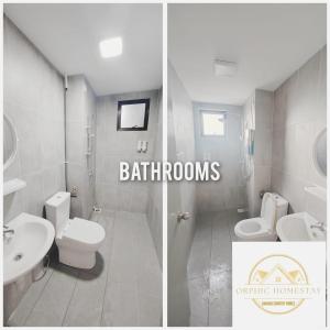 two pictures of a bathroom with a toilet and a sink at ORPHIC Homestay @ Bandar Country Homes, Rawang in Rawang