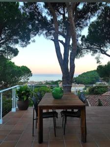 Premia de DaltにあるCasa Can Bellavista Barcelona town houseのパティオに置かれた緑のボウルが置かれた木製のテーブル