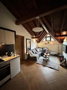 Spacious penthouse chalet apartment in Pirin Golf and Country Club في رازلوغ: مطبخ وغرفة معيشة مع أريكة