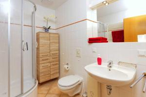 La salle de bains est pourvue de toilettes, d'un lavabo et d'une douche. dans l'établissement Blaue Lagune, à Zinnowitz