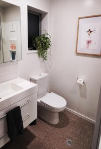 een witte badkamer met een toilet en een wastafel bij Ralph's Little Cottage in Christchurch