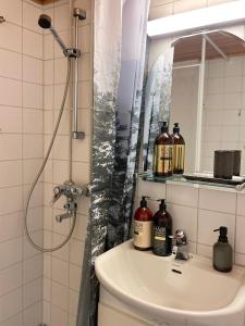 een badkamer met een wastafel, een douche en een spiegel bij City Home Lahti in Lahti