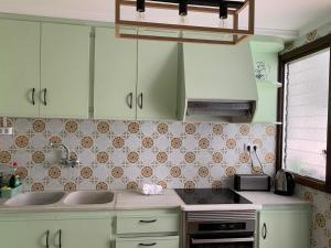 eine Küche mit grünen Schränken und einem Waschbecken in der Unterkunft Sagunto 2 in Sagunt