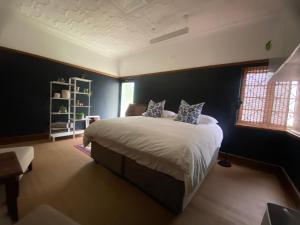 1 dormitorio con 1 cama grande y paredes azules en The Whitehouse @ Caviar corner, en Johannesburgo