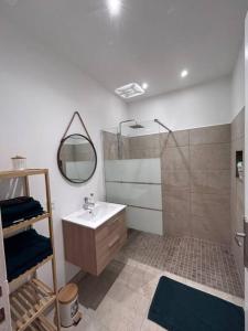 a bathroom with a sink and a shower with a mirror at La petite maison in Brienon-sur-Armançon