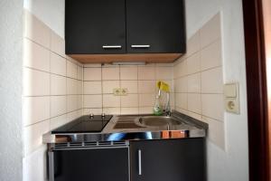 uma pequena cozinha com um lavatório e um fogão em Ferienwohnung Laubegast em Dresden