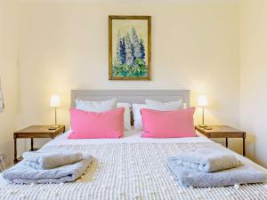 1 dormitorio con 1 cama grande con almohadas rosas en 1 bed in Monmouth 74976 en Cwmcarvan