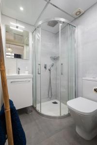 a bathroom with a shower and a toilet at Beach House Apartment, Playa Malagueta in Málaga