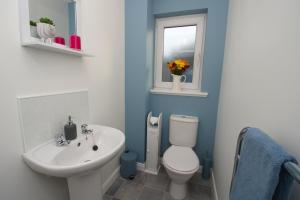 a bathroom with a toilet and a sink and a window at Peedie Picky Townhoose - STL OR00094F in Orkney