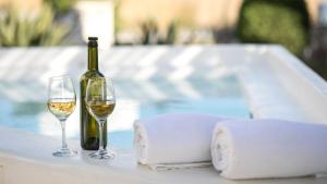 a bottle of wine and two glasses on a table at Aeolos Villas Sustainable Living in Agkidia