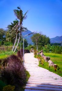 un groupe d'animaux s'engageant sur un chemin avec un palmier dans l'établissement 4J River Camping and Resort, à Phetchaburi