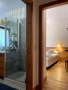 a bathroom with a shower and a bedroom with a bed at Appartamento Chalet a Pinzolo in Pinzolo