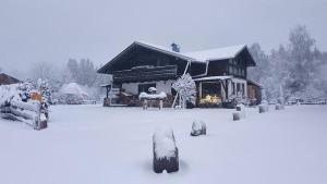 ein schneebedecktes Haus vor der Tür in der Unterkunft Kleines Ferienhaus in Verditz