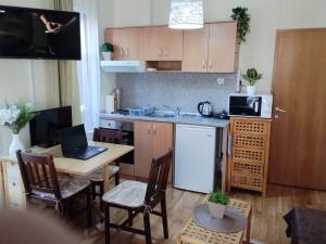 - une cuisine avec une table et un ordinateur portable dans l'établissement Predela 1 - Studio 04 near Bansko Ski Lift, à Bansko