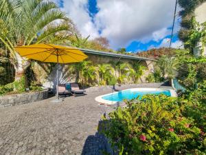 an umbrella next to a swimming pool with palm trees at Casa da Ladeira in Fajã da Ovelha