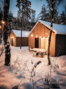 a wooden shed with a picnic table in the snow at La Playa Resort & Camp Trzebinia in Trzebinia