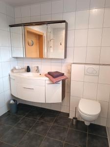 a bathroom with a sink and a toilet at Elli's Moseloase - Riol in Riol
