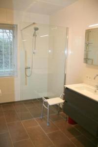 een badkamer met een douche, een wastafel en een stoel bij Crox Houcke 65 in Nieuwvliet