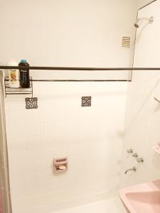 ein Bad mit einer Dusche, einem WC und einem Waschbecken in der Unterkunft Casa chalet a minutos de Claromecó, Balneario Reta, Balneario Orense in San Francisco de Bellocq