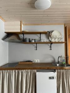 a kitchen with a counter with a sink and shelves at Ristiku Guesthouse in Kuressaare