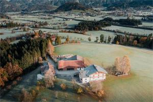 an aerial view of a large house in a field at Bergblickapartments in Spital am Pyhrn