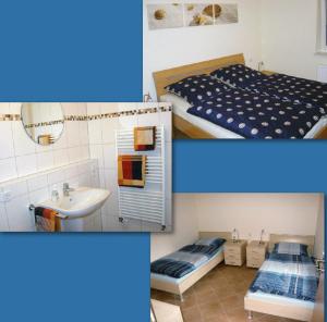 three pictures of a bathroom with a bed and a sink at Achter de Dünen in Borkum