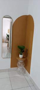 a mirror and a plant on a shelf in a room at Midnight Homestay Youth City in Nilai