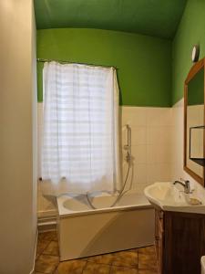 zieloną łazienkę z wanną i umywalką w obiekcie Les chambres de Preisch w mieście Évrange