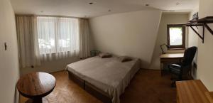 - une chambre avec un lit, un bureau et une chaise dans l'établissement Apartmán Rekys, à Jiřetín pod Bukovou