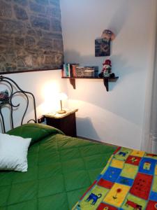 una camera con letto e piumone verde di La tana delle coccinelle a Capracotta