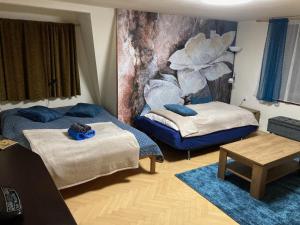 Zimmer mit 2 Betten und Wandgemälde in der Unterkunft Apartmán Rekys in Jiřetín pod Bukovou