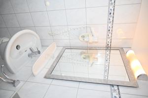 ボルクムにあるHotel Passatのバスルーム(トイレ、ガラス張りのシャワー付)