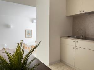 a kitchen with white cabinets and a plant at Apartments Navigli in Milan