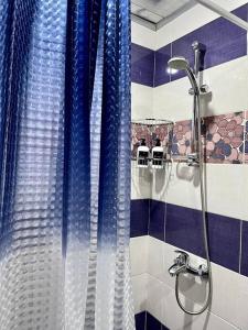 La salle de bains est pourvue d'une douche avec des rideaux bleus. dans l'établissement Sunny 2-Bedroom Flat in Yerevan., à Erevan