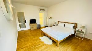 a bedroom with a large bed and a television at BioLocalia House Bucovina in Baloteşti